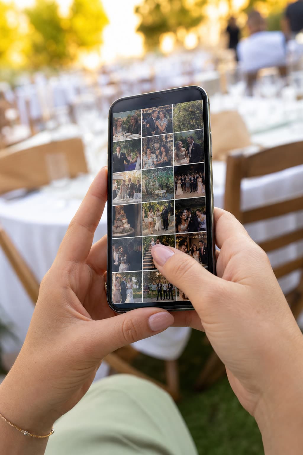 Guest holding a phone with a camera roll of wedding photos