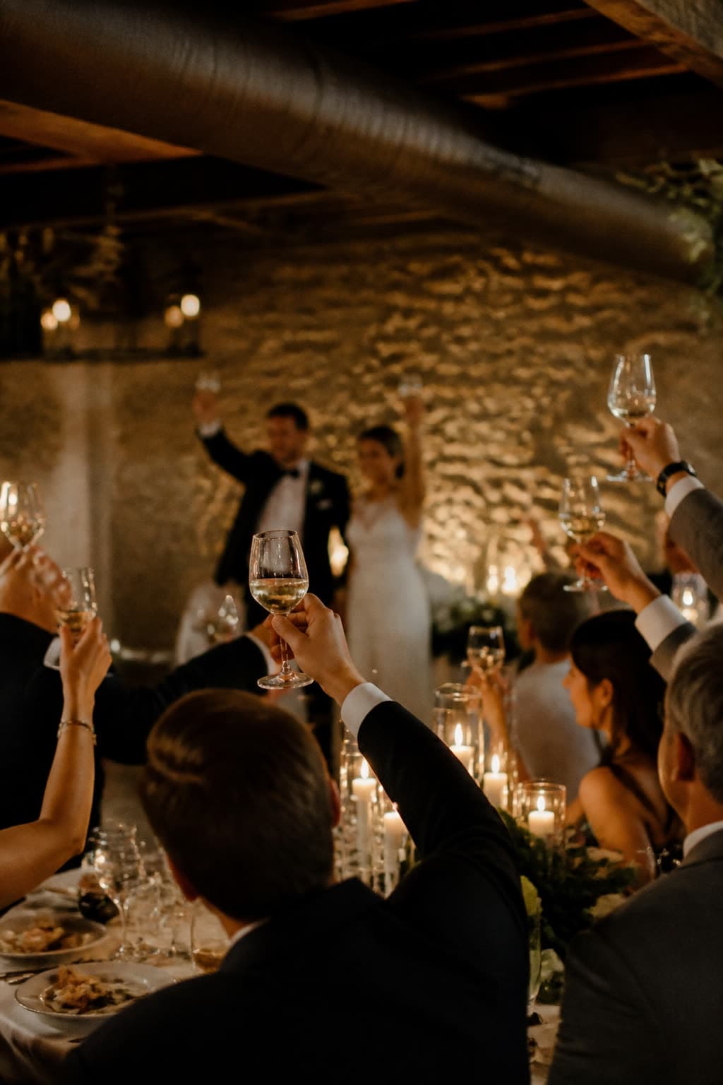Guests raising glasses during a wedding toast